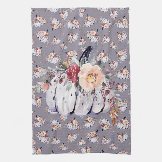 秋の紫色のカボチャ灰色のフローラ水色 キッチンタオル (縦)