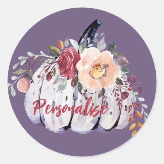 秋の紫色のカボチャ灰色のフローラ水色 ラウンドシール (正面)