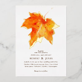 秋の結婚オレンジ色の紅葉 箔招待状