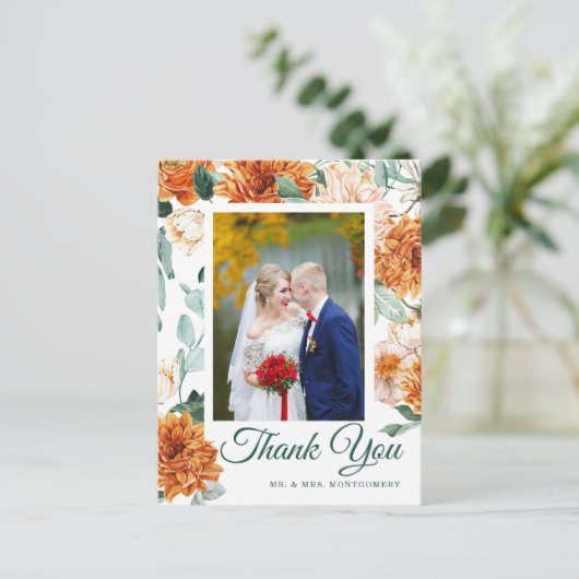 秋の結婚サンキューグリーンウォーター色フローラ ポストカード (スタンド正面)