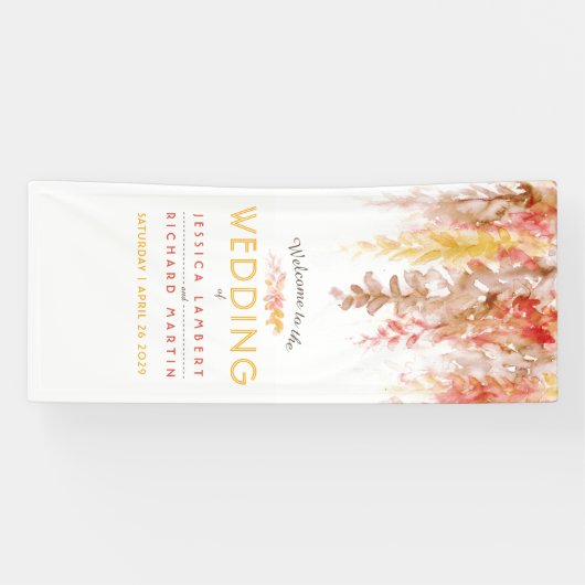 秋の結婚式つる植物アートオレンジブラウンウェルカムバナー 横断幕 (横)