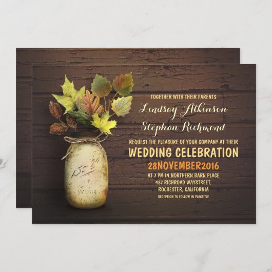 秋の結婚式と素朴なメイスンジャー招待状 招待状 (正面/裏面)