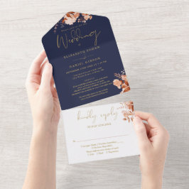 秋の結婚式にぴったりなネイビーブルーとゴールドの装飾が施されたフラワーウェディング オールインワン招待状