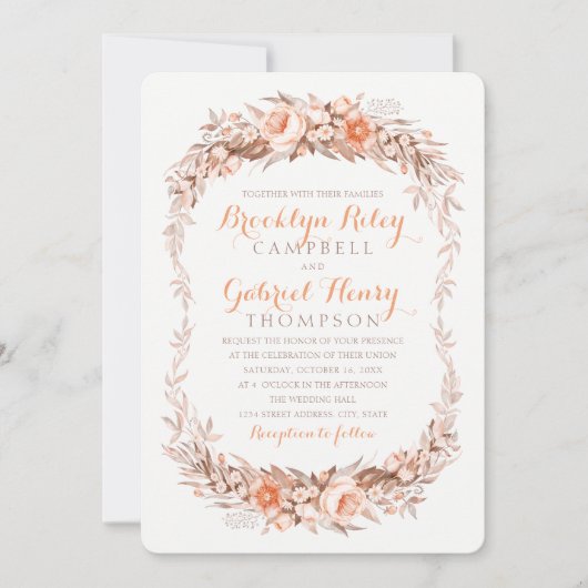 秋の結婚式のエレガントな秋の水彩画の花柄 招待状 (正面)
