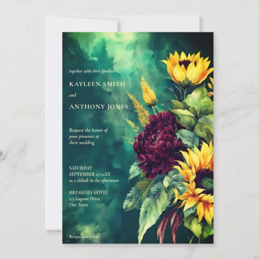 秋の結婚式の緑の素朴なヒマワリが一つにまとまっている 招待状 (正面)