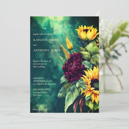 秋の結婚式の緑の素朴なヒマワリが一つにまとまっている 招待状 (スタンド正面)
