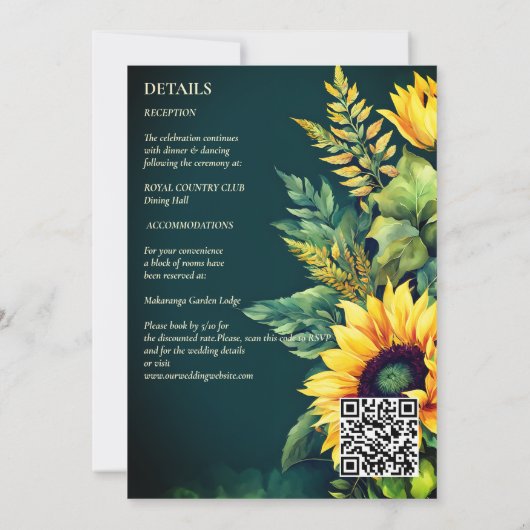 秋の結婚式の緑の素朴なヒマワリが一つにまとまっている 招待状 (裏面)