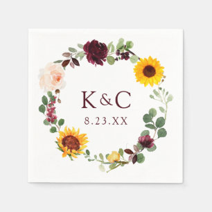 秋の結婚式ひまわりリースバラブルガンディーレッド スタンダードカクテルナプキン