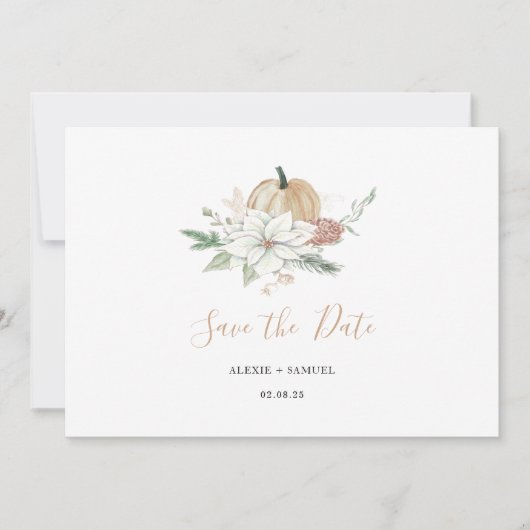 秋の結婚式を保存する日付フローラカボチャシック セーブザデート (正面)