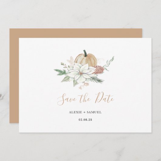秋の結婚式を保存する日付フローラカボチャシック セーブザデート (正面/裏面)