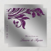 秋の結婚式を招待スパークルリーフパープルシルバー 招待状 (正面/裏面)