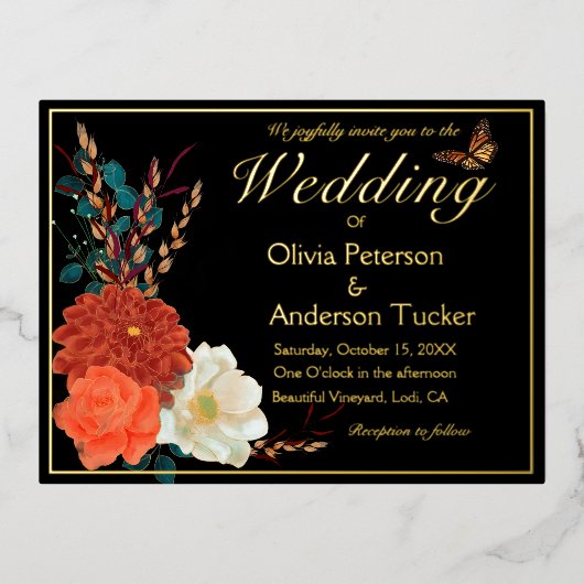 秋の結婚式アイボリーQRCフローラ（昆虫）オオカバマダラ、モナーク蝶 箔招待状ポストカード (正面)