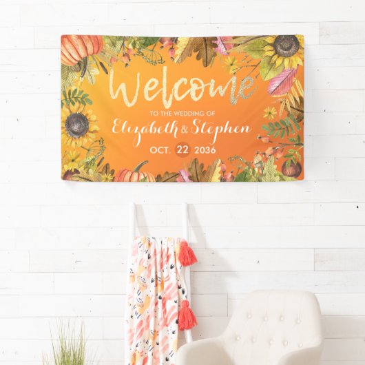 秋の結婚式ウェルカムオータムメープル葉パンプキンス 横断幕 (インサイチュ)