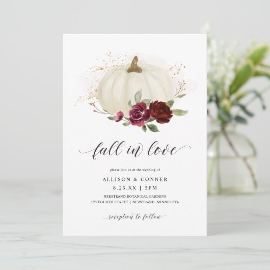 秋の結婚式エレガントパンプキンブルゴーニュバラ 招待状 (スタンド正面)