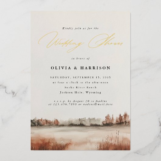 秋の結婚式エレガントランドスケープ・カップルのシャワー 箔招待状 (正面)
