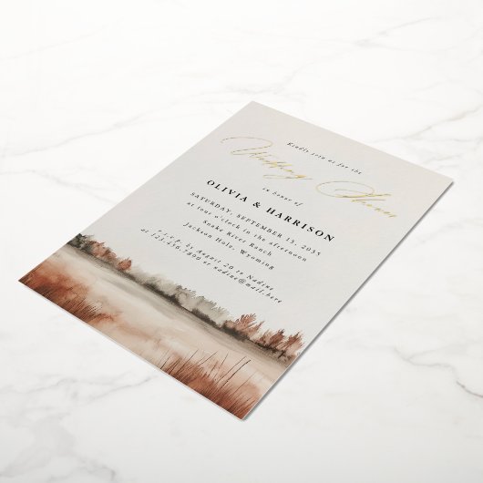 秋の結婚式エレガントランドスケープ・カップルのシャワー 箔招待状 (回転した状態)