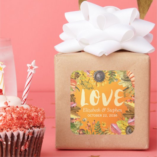 秋の結婚式サンキューオータムメープル葉パンプキン スクエアシール (パーティー)