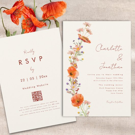 秋の結婚式シンプルボホワイルドフラワーQRコード 招待状