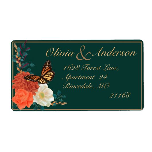 秋の結婚式ダークグリーンフローラ(昆虫)オオカバマダラ、モナーク蝶 ラベル (正面)