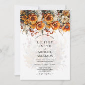 秋の結婚式テーマ |焦げたオレンジ |素朴フローラ 招待状 (正面)
