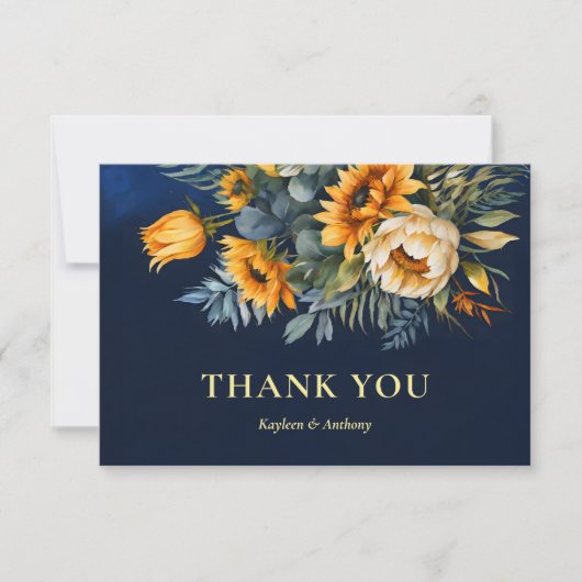 秋の結婚式ネイビーブルー素朴なヒマワリ サンキューカード (正面)