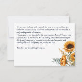 秋の結婚式ネイビーブルー素朴なヒマワリ サンキューカード (裏面)