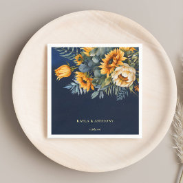 秋の結婚式ネイビーブルー素朴なヒマワリ スタンダードカクテルナプキン