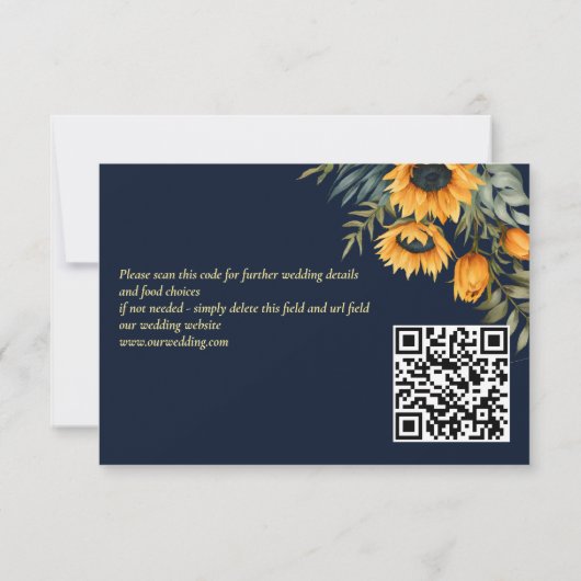秋の結婚式ネイビーブルー素朴なヒマワリ 出欠カード (裏面)