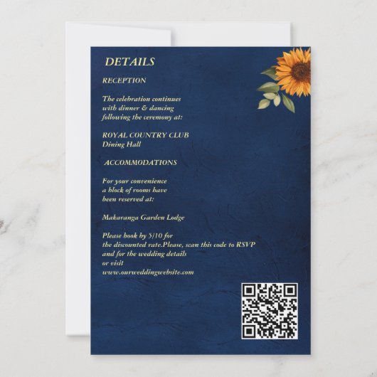 秋の結婚式ネイビーブルー黄色ひまわり花すべて1つ 招待状 (裏面)