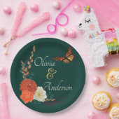 秋の結婚式フローラバタフライフォレストグリーン ペーパープレート (パーティー)