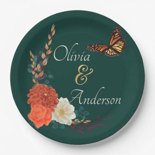 秋の結婚式フローラバタフライフォレストグリーン ペーパープレート (正面)