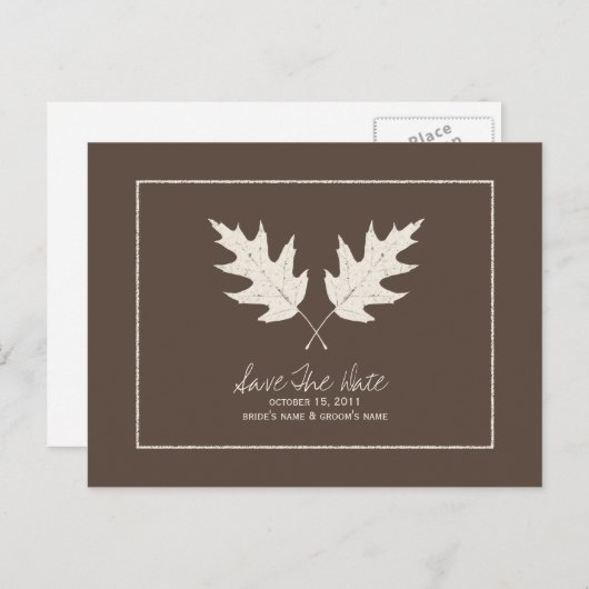 秋の結婚式ブラウン日付を保存オーク葉材 案内ポストカード (正面/裏面)