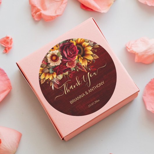 秋の結婚式ブルゴーニュバラひまわり感謝していあなた ラウンドシール