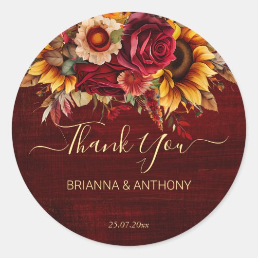 秋の結婚式ブルゴーニュバラひまわり感謝していあなた ラウンドシール (正面)