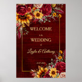 秋の結婚式ブルゴーニュバラひまわり歓迎 ポスター (正面)