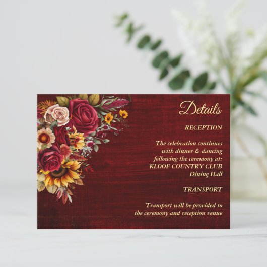 秋の結婚式ブルゴーニュバラ黄色ひまわり エンクロージャーカード (スタンド正面)