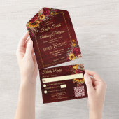 秋の結婚式ブルゴーニュバラ黄色ひまわり オールインワン招待状 (貼ってはがせる)