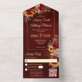 秋の結婚式ブルゴーニュバラ黄色ひまわり オールインワン招待状 (内側)