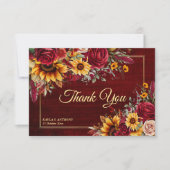 秋の結婚式ブルゴーニュバラ黄色ひまわり サンキューカード (正面)