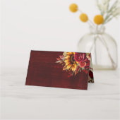 秋の結婚式ブルゴーニュバラ黄色ひまわり プレイスカード (裏面)