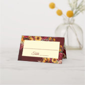 秋の結婚式ブルゴーニュバラ黄色ひまわり プレイスカード (正面)