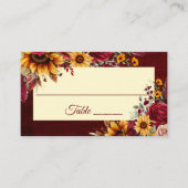 秋の結婚式ブルゴーニュバラ黄色ひまわり プレイスカード (正面)