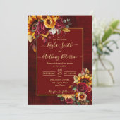 秋の結婚式ブルゴーニュバラ黄色ひまわり 招待状 (スタンド正面)