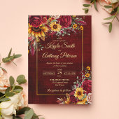 秋の結婚式ブルゴーニュバラ黄色ひまわり 招待状