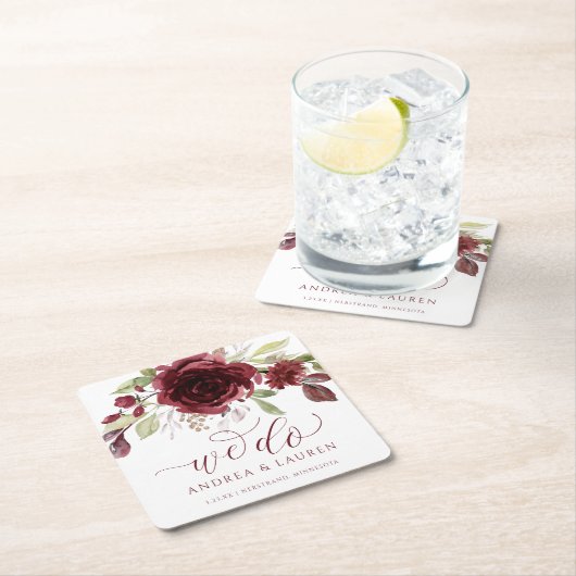 秋の結婚式ブルゴーニュワイン赤いフローラの葉 スクエアペーパーコースター (インサイチュ)