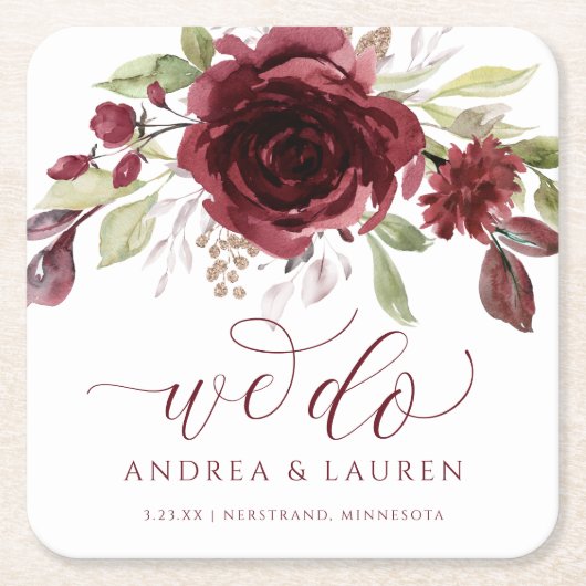 秋の結婚式ブルゴーニュワイン赤いフローラの葉 スクエアペーパーコースター (正面)