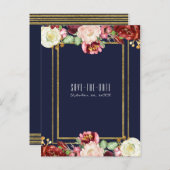 秋の結婚式ブルー金ゴールドフローラマルサラ救日付 案内ポストカード (正面/裏面)