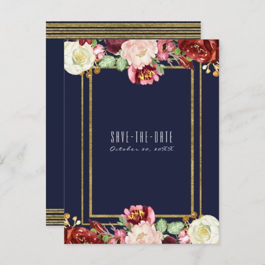 秋の結婚式ブルー金ゴールドフローラマルサラ救日付 案内ポストカード (正面/裏面)