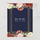 秋の結婚式ブルー金ゴールドフローラマルサラ救日付 案内ポストカード