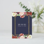 秋の結婚式ブルー金ゴールドフローラマルサラ救日付 案内ポストカード (スタンド正面)